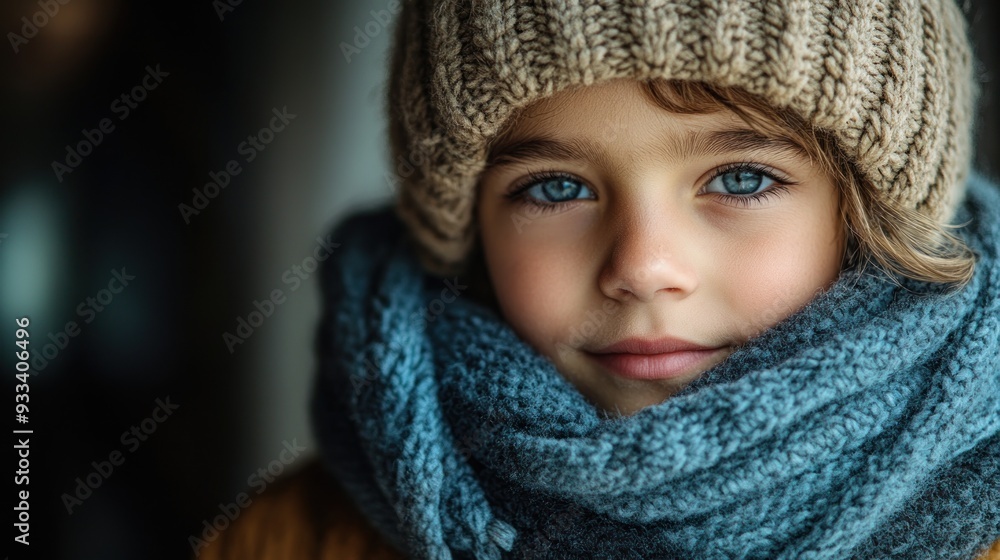 A young girl with a blue scarf and a brown knitted hat looking into the camera A young girl with a blue scarf and a brown knitted hat looking into the camera