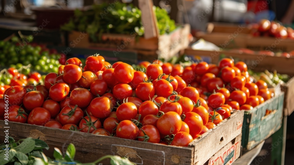 A vibrant market stall filled with fresh red tomatoes, ready for sale A vibrant market stall filled with fresh red tomatoes, ready for sale