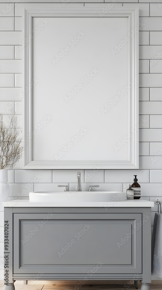 Fototapeta premium A modern and inviting powder room design featuring a white vanity,subway tile walls,and a minimalist framed mirror.