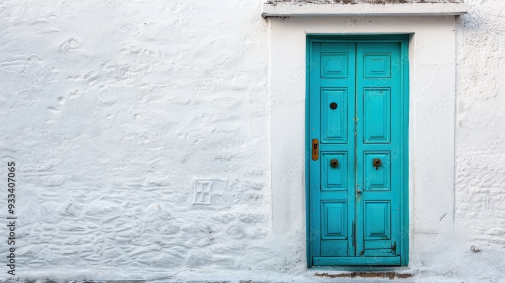 A vibrant turquoise door on a whitewashed building, creating a striking contrast A vibrant turquoise door on a whitewashed building, creating a striking contrast