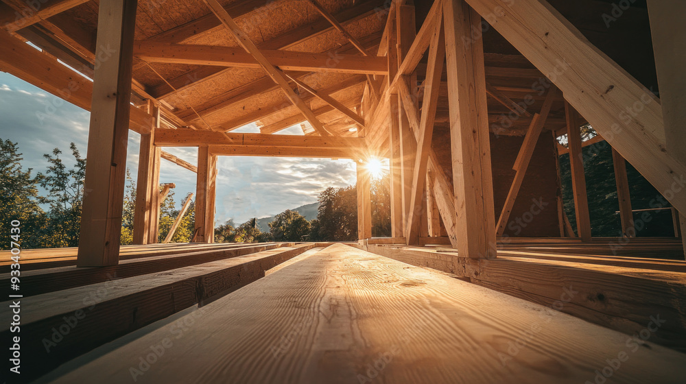 Fototapeta premium Carpenter building a wooden frame for a house, with beams and support structures visible