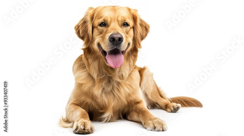 A Golden Retriever with a bow tie, sitting upright and looking sophisticated, isolated on a white background