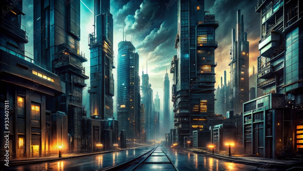 Dark moody metallic structures futuristic urban anomaly