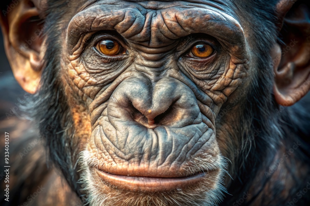 Intricate 3D chimpanzee close-up reveals delicate wrinkles and folds in its aged skin with warm natural light and shallow depth of field Intricate 3D chimpanzee close-up reveals delicate wrinkles and folds in its aged skin with warm natural light and shallow depth of field
