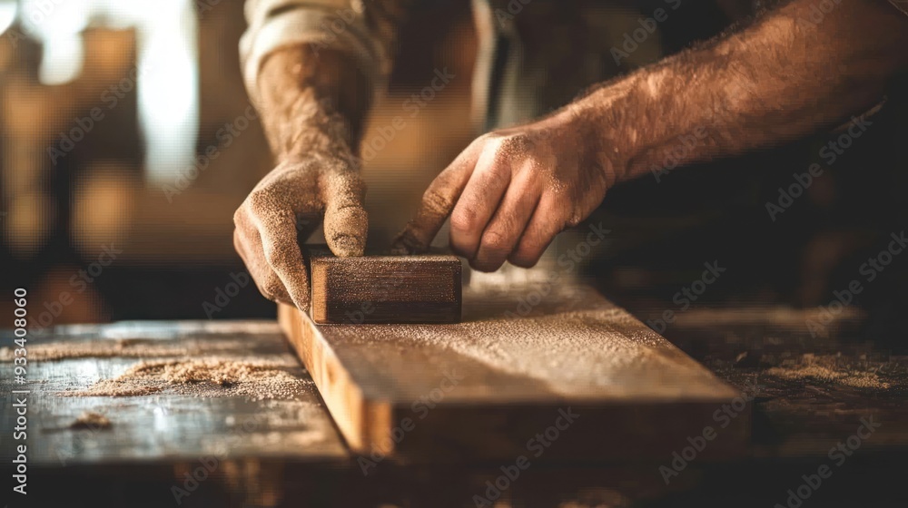 Carpenter sanding a wooden plank on a workbench, with focus on the grain and texture of the wood Carpenter sanding a wooden plank on a workbench, with focus on the grain and texture of the wood