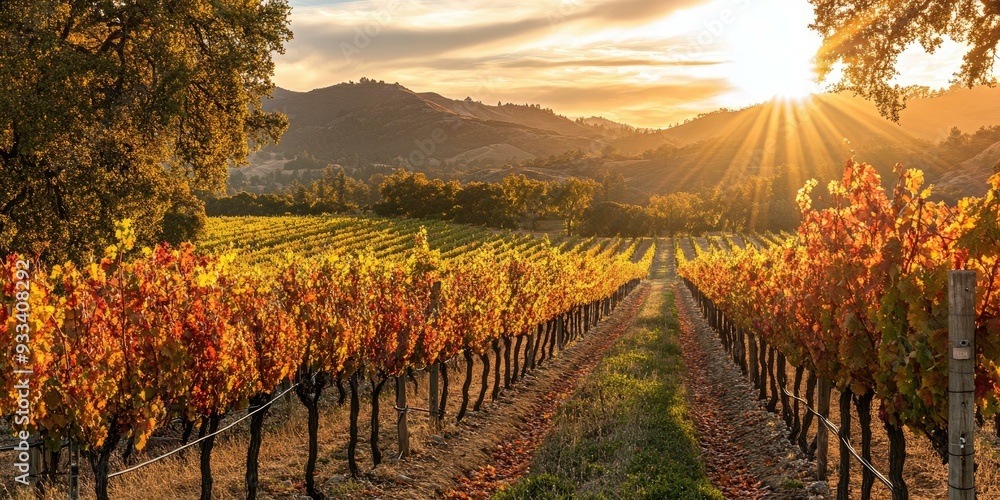 Naklejka premium Golden vineyard with sunbeams in the background.