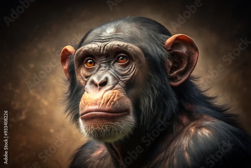 Low-key 3D chimpanzee portrait emphasizes subtle fur textures and contemplative expression in muted earth-toned background