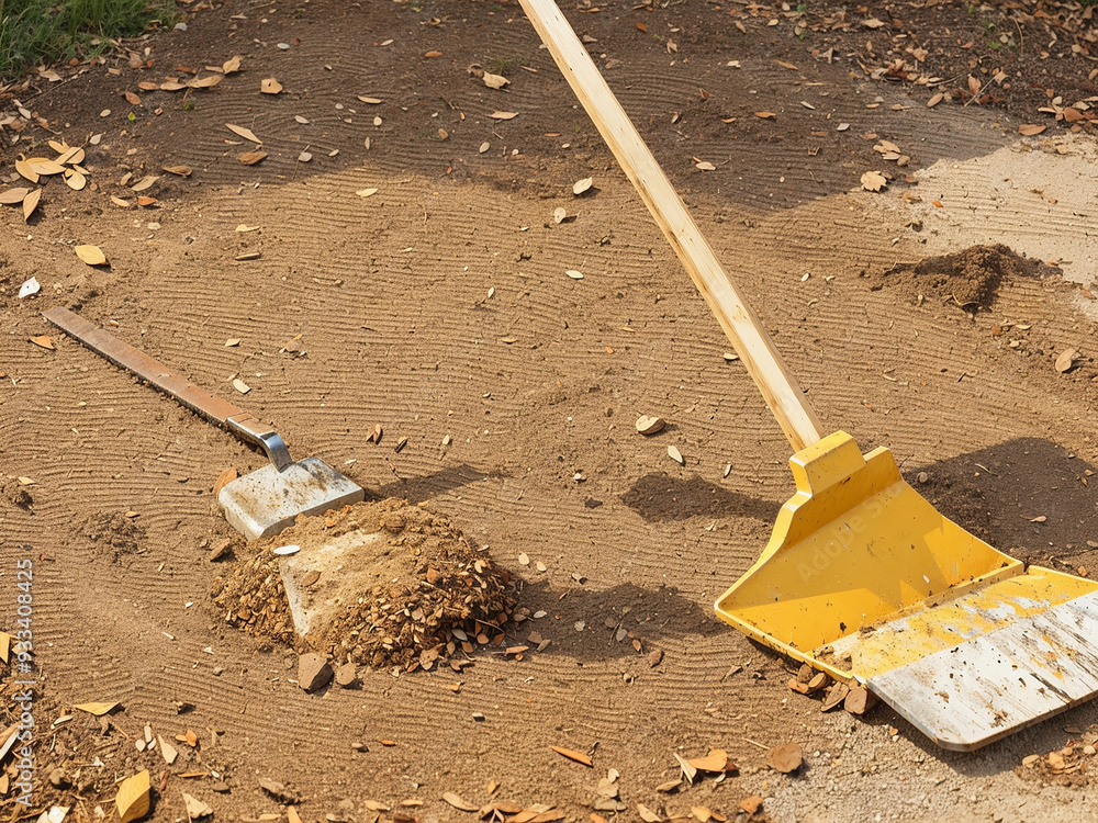 This image shows a garden with wooden tools and wood chips scattered on the ground.
This image shows a garden with wooden tools and wood chips scattered on the ground.