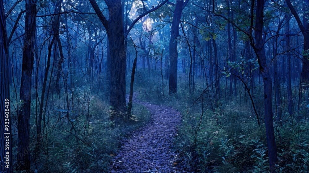 Obraz premium An indigo pathway leading through a forest at twilight, inviting exploration