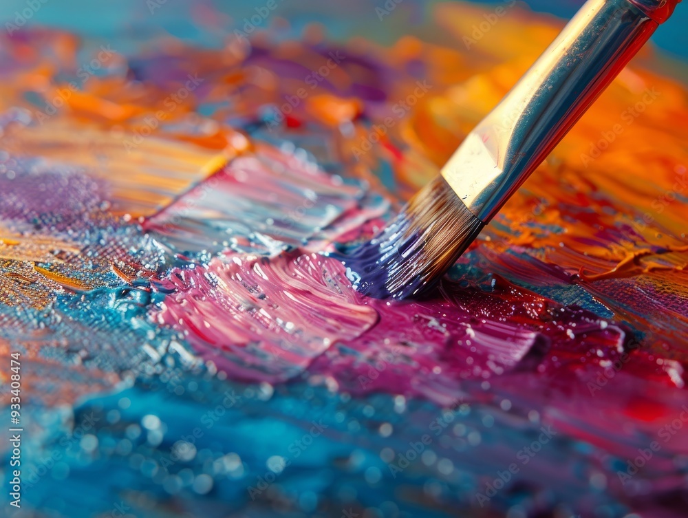 Obraz premium Close-Up of a Paintbrush Applying Blue Paint to a Canvas with Vibrant Colors