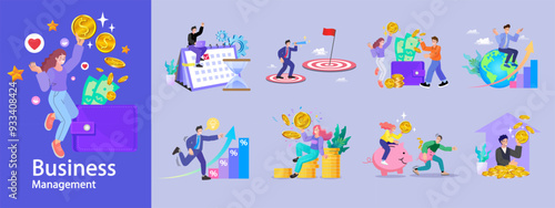 Financing business activities. Set of people in various activities of online business, startup, management, project development, communication, social media, data analysis. Business concept. vector