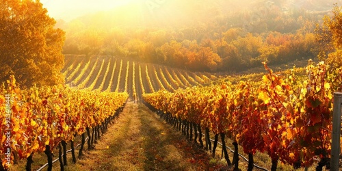 Autumn vineyard with golden leaves and sun.