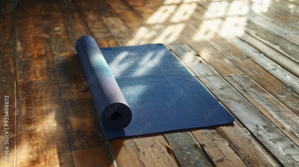 An indigo yoga mat rolled out on a wooden floor, ready for a peaceful practice An indigo yoga mat rolled out on a wooden floor, ready for a peaceful practice