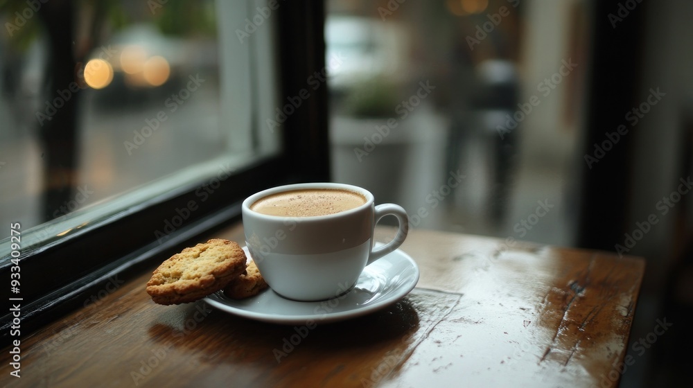 Coffee cup on a saucer with a biscotti, placed on a cafe table by the window Coffee cup on a saucer with a biscotti, placed on a cafe table by the window