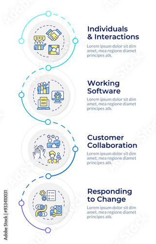 Agile project management values infographic design template. Workflow methodology. Data visualization 4 options. Process vertical flow chart. Montserrat SemiBold, Lato Regular fonts used