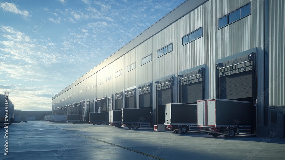 Factory exterior showing large loading docks and trucks waiting to be loaded Factory exterior showing large loading docks and trucks waiting to be loaded