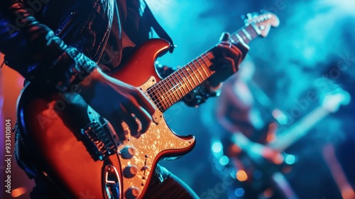 Guitarist playing an electric guitar in a rock band during a live performance, with dynamic lighting