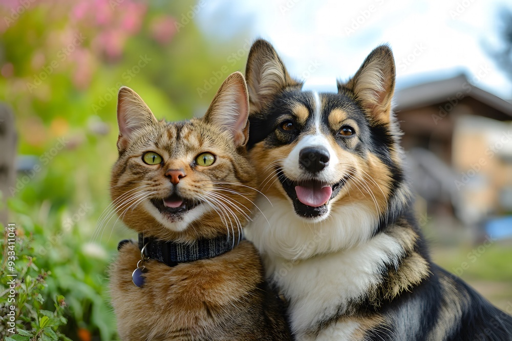 Smiling cat and dog sitting together in a Japanese-style garden. Smiling cat and dog sitting together in a Japanese-style garden.