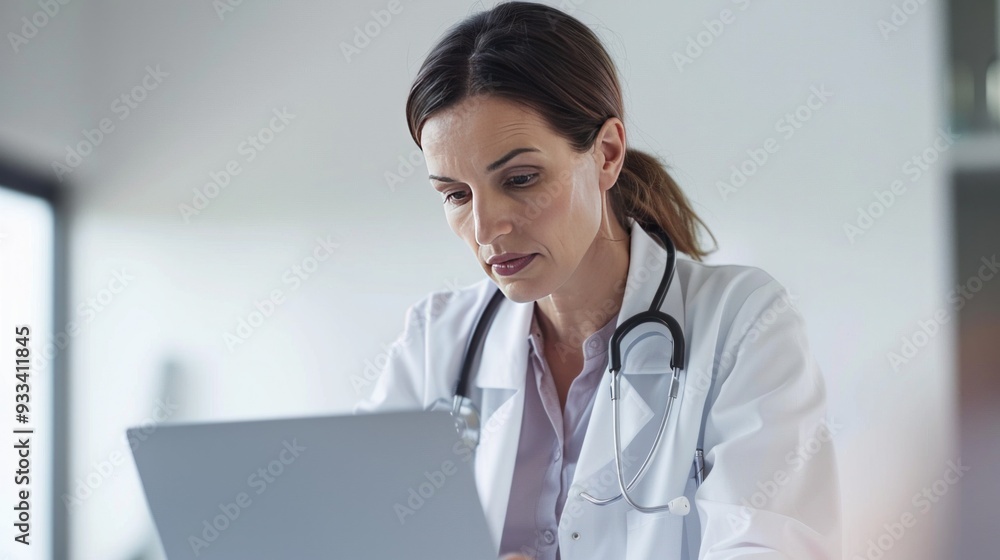 A focused female physician, using a laptop to provide remote medical advice to an elderly patient. The doctor is working from a senior care facility A focused female physician, using a laptop to provide remote medical advice to an elderly patient. The doctor is working from a senior care facility