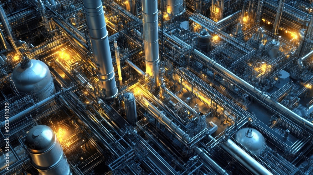 Large industrial plant with tanks and pipelines running through a complex network Large industrial plant with tanks and pipelines running through a complex network