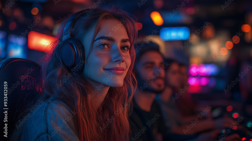 a group of friends or online gamers interacting in a social setting, either in a gaming lounge or via a video call, emphasizing the social aspect of gaming a group of friends or online gamers interacting in a social setting, either in a gaming lounge or via a video call, emphasizing the social aspect of gaming