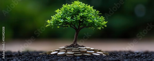 Conceptual image of a strong tree growing from coins, representing the enduring stability and growth provided by a pension fund, retirement growth, pension-driven security