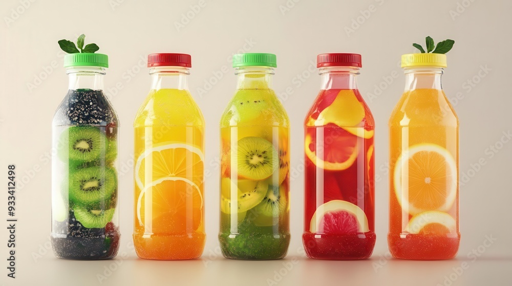 Vibrant and refreshing fruit-infused beverages in transparent bottles Vibrant and refreshing fruit-infused beverages in transparent bottles