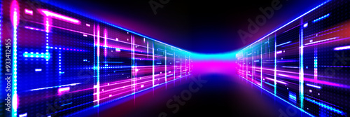 Abstract data center room with bright neon blue and pink light glowing server blocks. Realistic 3d vector illustration of tunnel with digital information and database warehouse super computer.