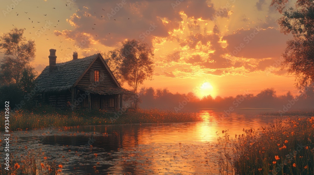 Fototapeta premium A serene sunset over a tranquil river with a rustic cottage.