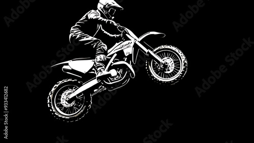 Abstract silhouette of a motocross rider, man is doing a trick, isolated on black background. Enduro motorbike sport transport. Vector illustration