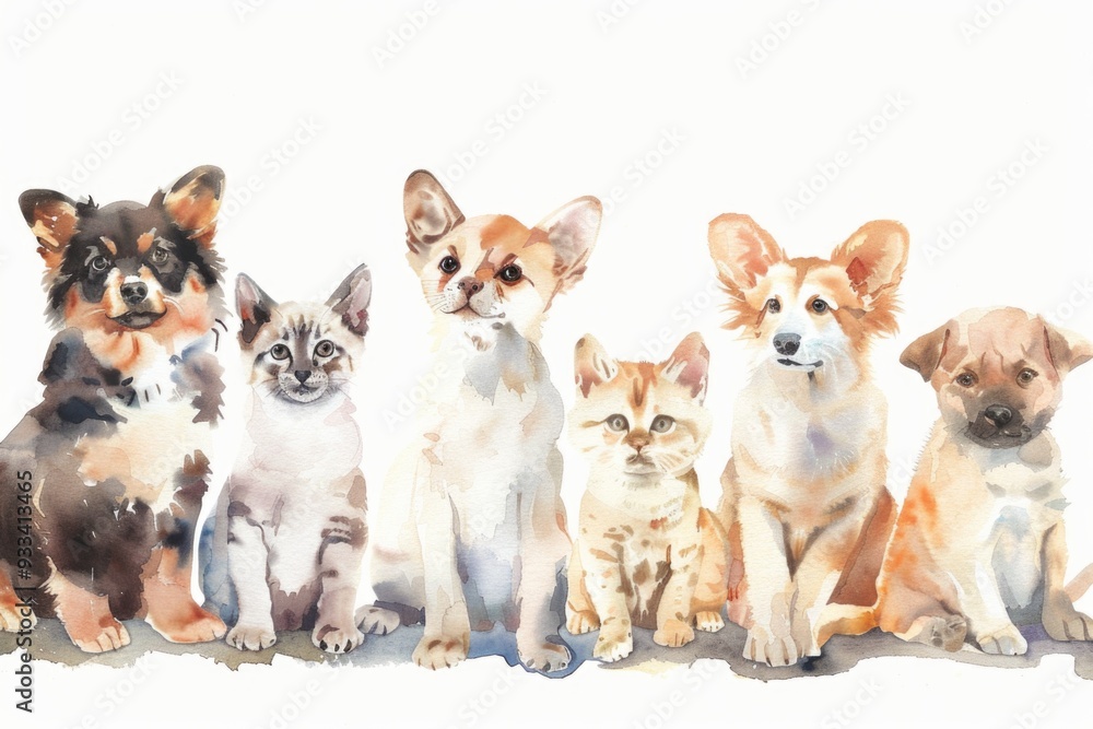 Group of dogs and cats sit together in a peaceful atmosphere, showcasing friendship and companionship Group of dogs and cats sit together in a peaceful atmosphere, showcasing friendship and companionship