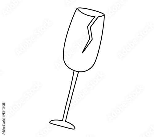 Hand drawn cute outline illustration broken wineglass. Flat vector dinnerware with crack line art doodle style. Alcoholism or heavy drinking. Fragile material icon. Crisis or stress concept. Isolated.