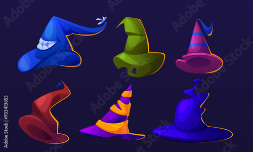 Halloween witch hats set isolated on background. Vector cartoon illustration of wizard head accessories decorated with scary teeth, color stripes, creepy sorcerer costume element, merlin outfit design