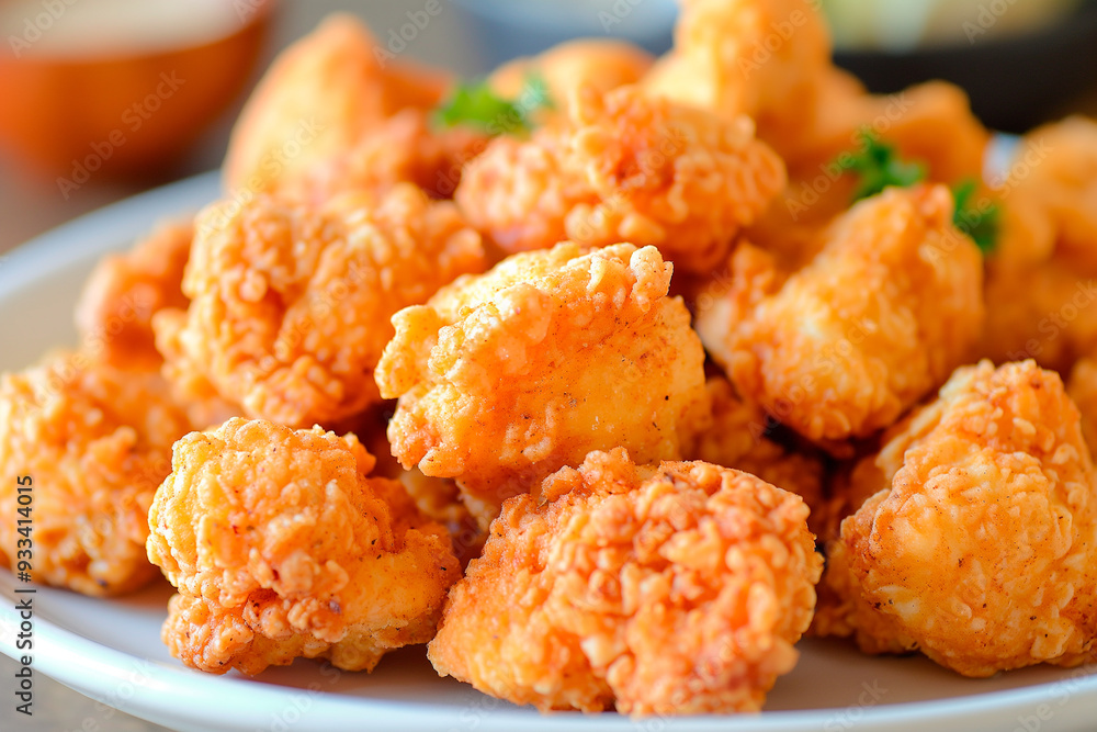 fried chicken with popcorn in a white plate fried chicken with popcorn in a white plate