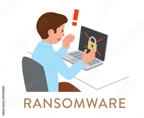 Man in business attire found that his notebook computer is infected with randomware cyber attack