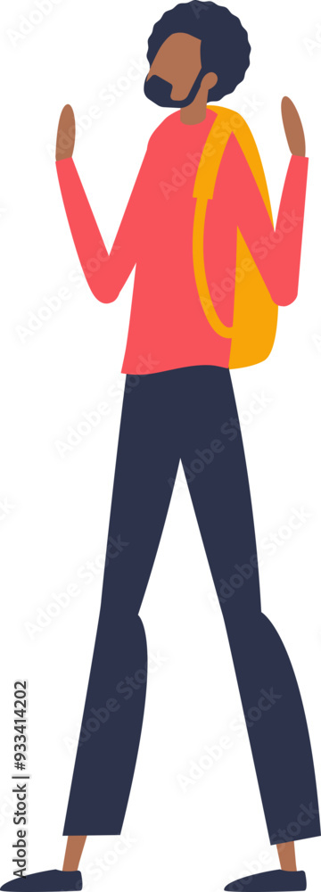 Obraz premium Young African American male with a backpack standing confidently, wearing casual clothes.