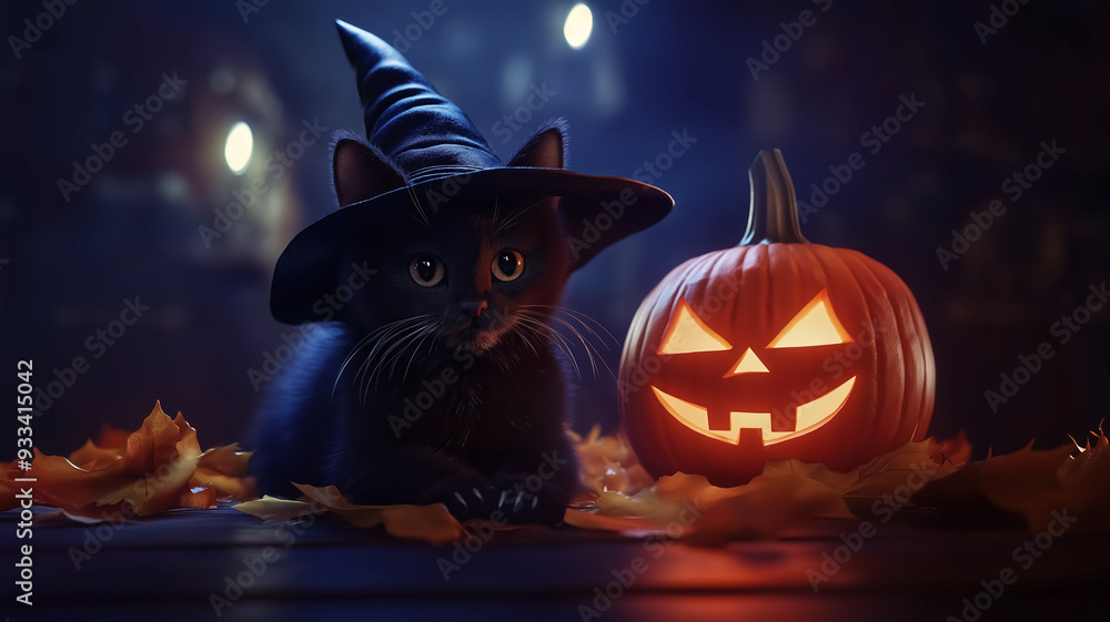 Naklejka premium A cute black cat and Jack O Lantern in the dark room, Halloween concept