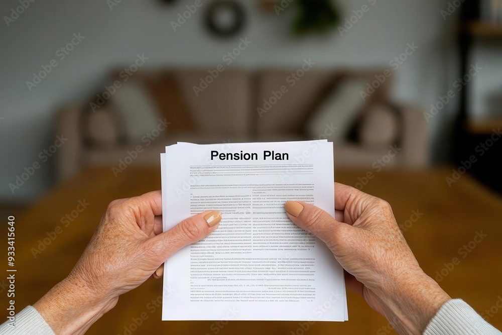 Close-up of hands holding a pension plan document Close-up of hands holding a pension plan document