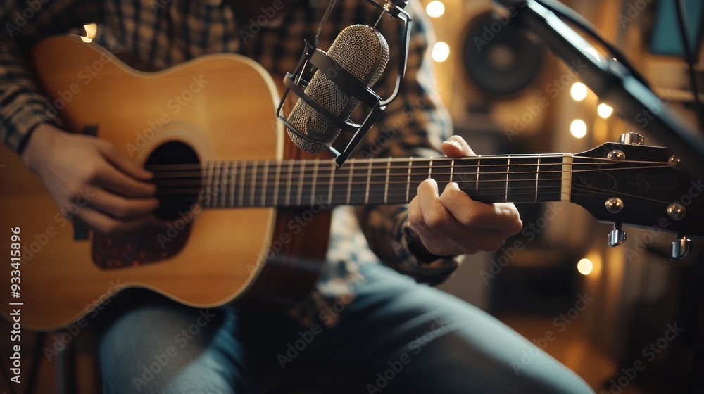 Obraz premium Singer-songwriter playing an acoustic guitar and singing into a microphone in a recording studio