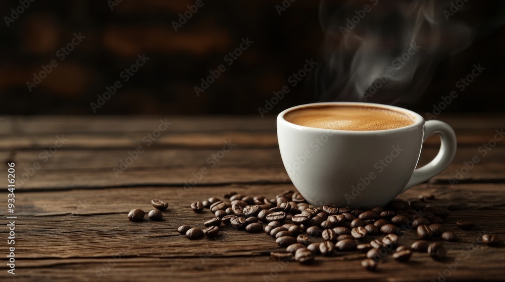 Steaming cup of coffee on a rustic wooden table with coffee beans scattered around Steaming cup of coffee on a rustic wooden table with coffee beans scattered around