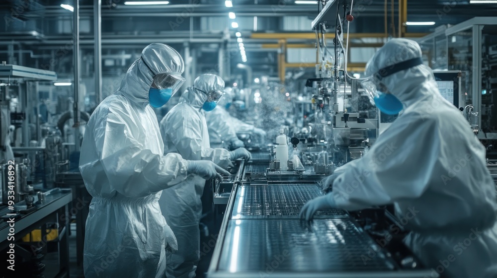 Workers in protective gear operating heavy machinery in a bustling manufacturing plant Workers in protective gear operating heavy machinery in a bustling manufacturing plant