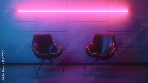 Two chairs are sitting in front of a wall with neon lights by AI generated image