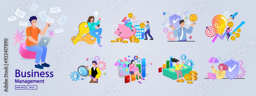 Financing business activities. Set of people in various activities of online business.