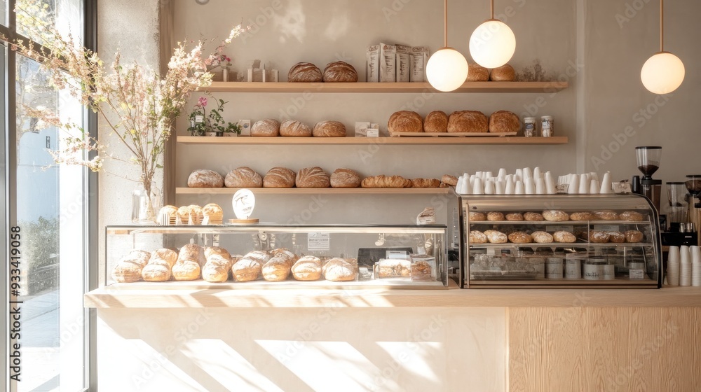 A quaint bakery interior with an array of freshly baked bread on wooden shelves, pastries in a display case, and warm, inviting lighting. A quaint bakery interior with an array of freshly baked bread on wooden shelves, pastries in a display case, and warm, inviting lighting.