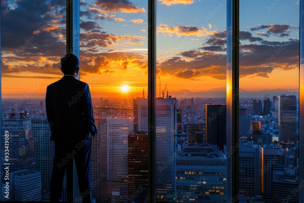 Business concept, sunset cityscape, businessman by window, panoramic view. Business concept, sunset cityscape, businessman by window, panoramic view.