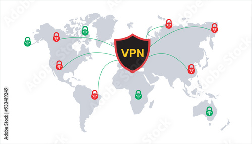 Cyber Security Concept : Hacker on world map digital background, VPN shield with key, wifi sign and check mark. world map private network connectivity, successful connection, privacy