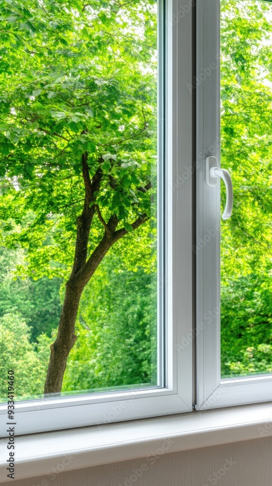 Fototapeta premium A view of lush green trees from a modern white window, showcasing nature's beauty in a bright residential setting on a sunny day