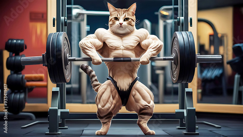 Body Builder cat, on gym, illustration, photo-realism. photo