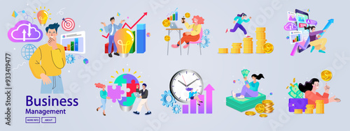 Financing business activities. Set of people in various activities of online business.