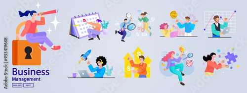 A set of character illustrations on the topic of business management. This collection includes concepts of strategy, planning, data analysis, and startup launch for use in presentations.